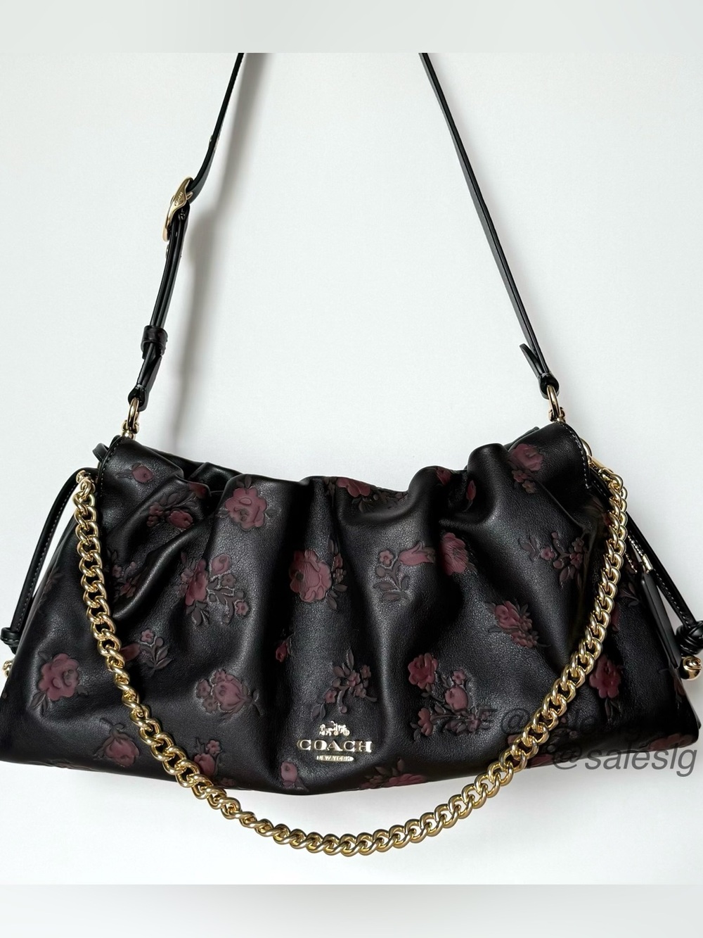NWT Coach Faye Large Shoulder Bag Black Wine Floral Leather Gold Chain CCE25